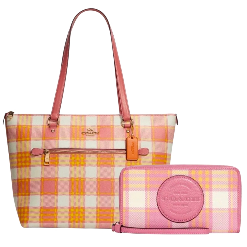 💕▪️Coach ▪️Garden Plaid Gallery Tote Shoulder Bag Taffy Pink Multi Wallet Set